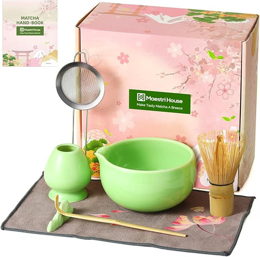 Maestri House Matcha Whisk Set, 7-Pc Complete Matcha Kit with Spouted Ceramic Bowl, Bamboo Whisk and Holder, Scoop, Spoon Rest & Sifter, Tea Cloth – Ideal Gift for Matcha Lovers (Green)