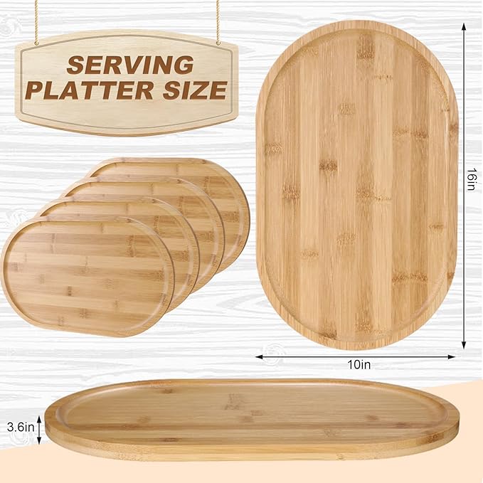Tanlade 4 Pieces Bamboo Oval Serving Tray, 16 x 10 Inch, Rustic Wooden Trays for Crafts, Desserts, Tea, Coffee, Candy
