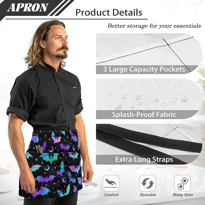 Waist Apron with 3 Pockets Waterproof 13 Inch Short Half Waist Aprons Women Men Server Aprons Waitress Waiter Apron - Image 6