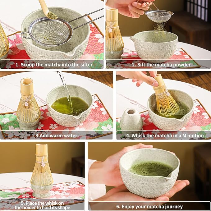 8-Piece Matcha Ceremony Set - Tea Kit with Cherry Blossom Bowl, Bamboo Whisk, Wood Scoops, Tea Cloth & Floral Display - Gift-Ready Pink Cherry color box (Matcha color)