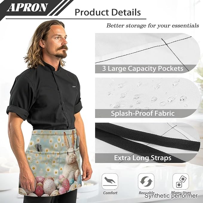Waist Apron with 3 Pockets Waterproof 13 Inch Short Half Waist Aprons Women Men Server Aprons Waitress Waiter Apron - Image 6
