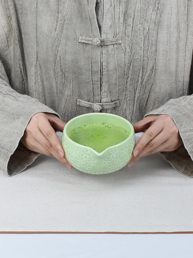 Artcome Matcha Tea Set – Green Sakura Embossed Ceramic Bowl 17oz with Bamboo Whisk, Whisk Holder, Strainer, Scoop, Tea Spoon, Cloth – Traditional Japanese Matcha Kit for Daily Use & Gift Giving