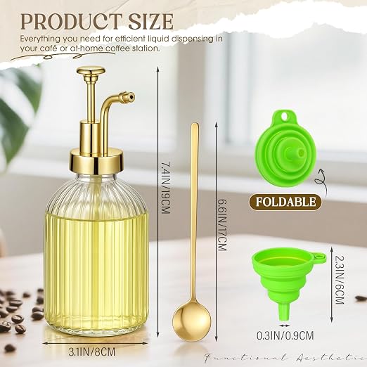 LemonRoad 4 Pcs Coffee Syrup Dispenser for Coffee Bar 10oz Glass Syrup Pump Dispenser with Gold Pump, Gold Scoop and Funnel for Bar Accessories - Image 2
