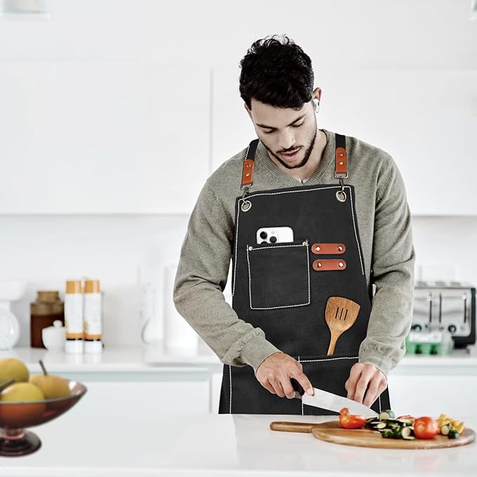 APRONPANDA Cross-Back Chef Aprons for Men Women with Pockets,Cotton Canvas Adjustable Cooking Work Apron for Kitchen