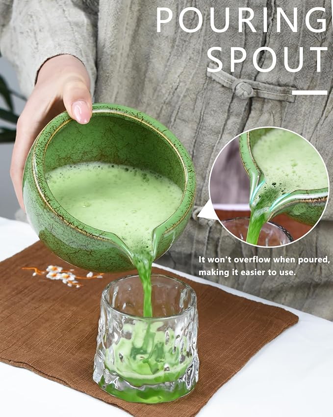 Artcome Matcha Tea Set – 20.2oz Premium Matcha Bowl with Spout, Whisk, Scoop, Whisk Holder & Brewing Guide – Authentic Japanese Tea Ceremony Tools for Perfect Matcha Preparation, Green