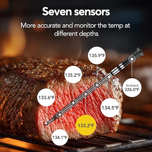 WiFi Sub-1G Wireless Meat Thermometer Unlimited Range 7 NIST Certified Sensors with Ambient Temp 2 Temp Monitoring Ways Digital Smart Base and App for BBQ, Smoker, Grill, Oven (Single Probe)
