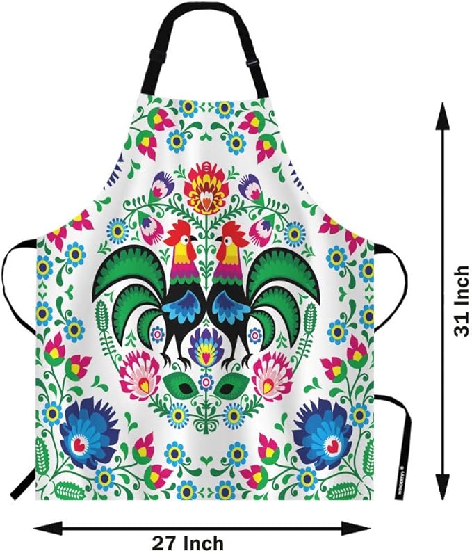 Wondertify Polish Floral Folk Art Apron,Square Pattern with Rooster Lowicz Cutouts Patterns Green Bib Apron with Adjustable Neck for Men Women,Suitable for Home Kitchen Cooking Bistro Baking BBQ Apron