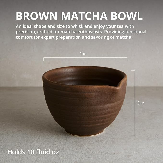 Goodies Brown Matcha Bowl, Handmade Ceramic, Glazed, Dishwasher Safe, Microwave Safe, Spill-Free Spout for Easy Mix and Pour, Perfect for Whisked Matcha and Tea, 10 oz