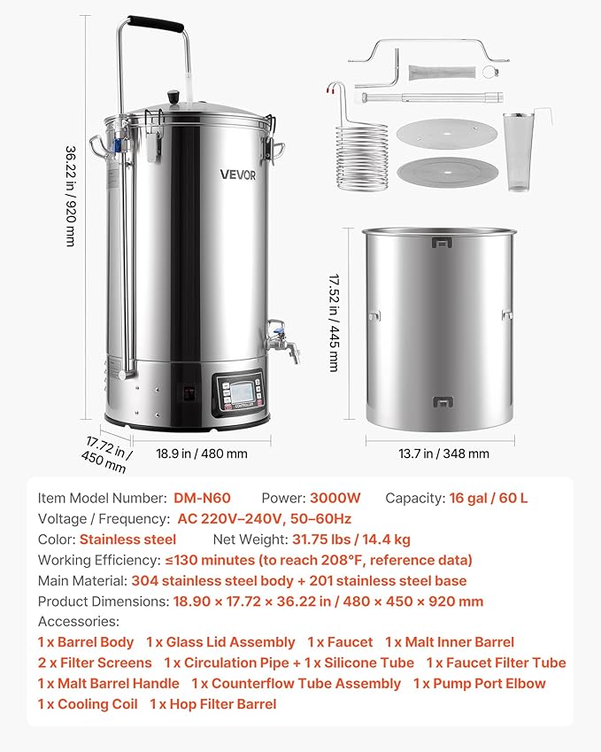 VEVOR Beer Brewing Equipment, 16 Gal/60L Beer Maker with Anti-Burn Pump and Wort Chiller,3000W All-in-One Home Brewing Kit with Digital Control, Recipe Memory & Timer, Removable mesh strainer