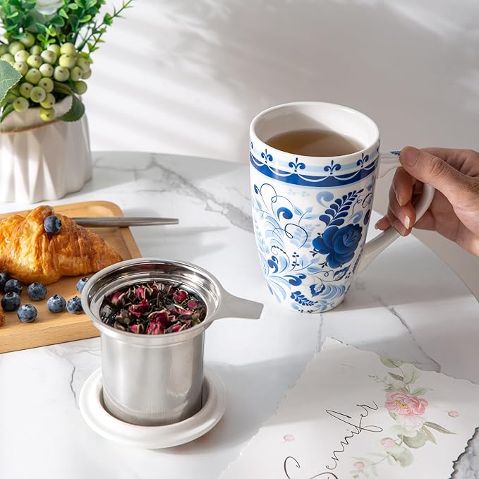 GBhome Tea Mug with Infuser and Lid, 18 Ounce Large Ceramic Loose Leaf Tea Cup, Microwave, Dishwasher Safe Tea Steeping Mug, Pefect Gift For Tea Lover.