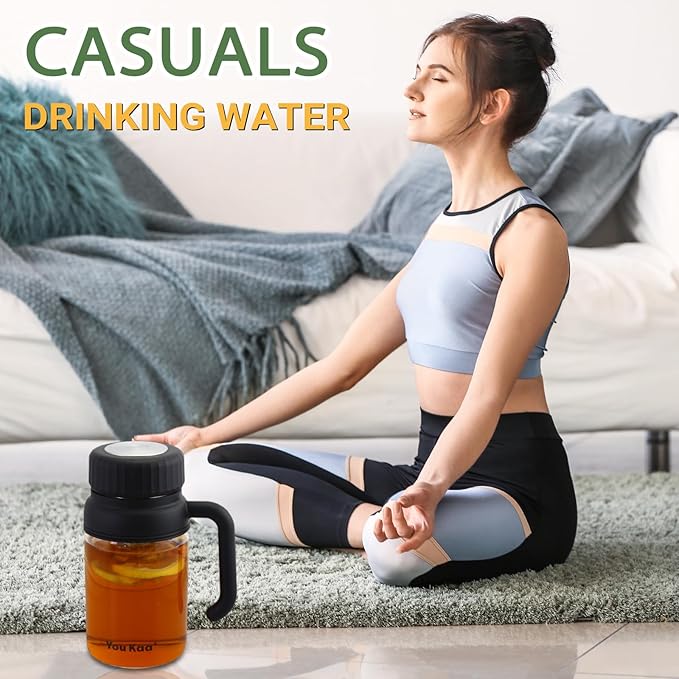 32oz Glass Water Bottle, Tea Bottle with Infuser & Handle, BPA-Free Leakproof Wide Mouth Large Tea Infuser cup for Hot or Cold Drinks, Loose, Fruit (White+Black)