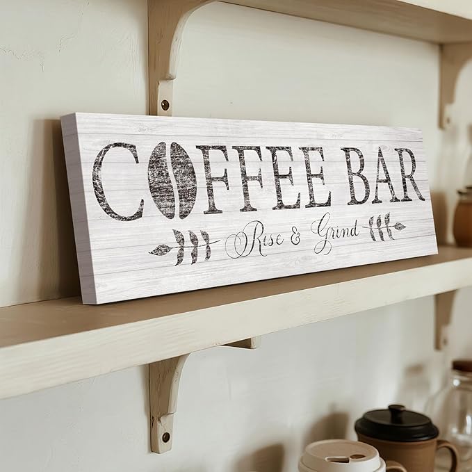 Rise & Grind Coffee Sign Decor Inspirational Canvas Prints Art for Kitchen Farmhouse Shelf Counter Bar Station Decoration 6x17inch