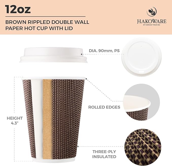 [1000 SET]Harvest Pack 12 oz Disposable Coffee Cups, Insulated Ripple Double-Walled Paper Cups with White Lids, Brown Geometric, Leak-Proof Drinking Cups for Tea Hot Chocolate Drinks To go coffee cups