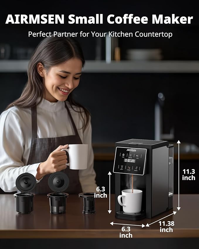 AIRMSEN Grind & Brew Coffee Maker with Built-in Grinder (2026 Model) - Single-Serve, Compatible with K-Cup Pods & Ground, 1000W Fast 6-14oz Brewer, Descaling Alert, Touchscreen & 50oz Removable Tank