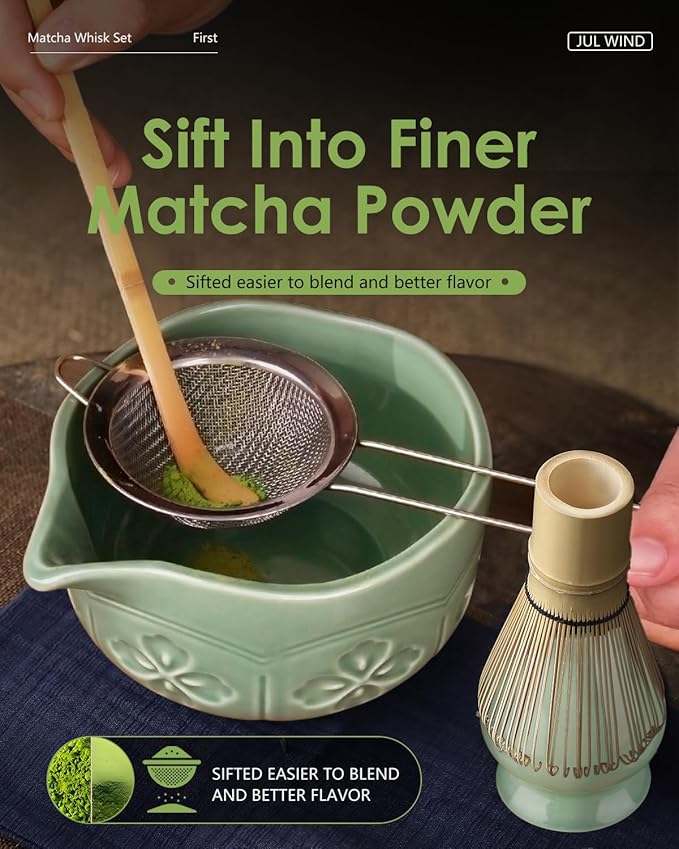 Matcha Whisk Set, Ceramic Matcha Bowl, Bamboo Whisk, Scoop, Sifter, Holder, Tea Towel - 6 Pcs Matcha Kit Gift for Matcha Lovers Beginners (Green)