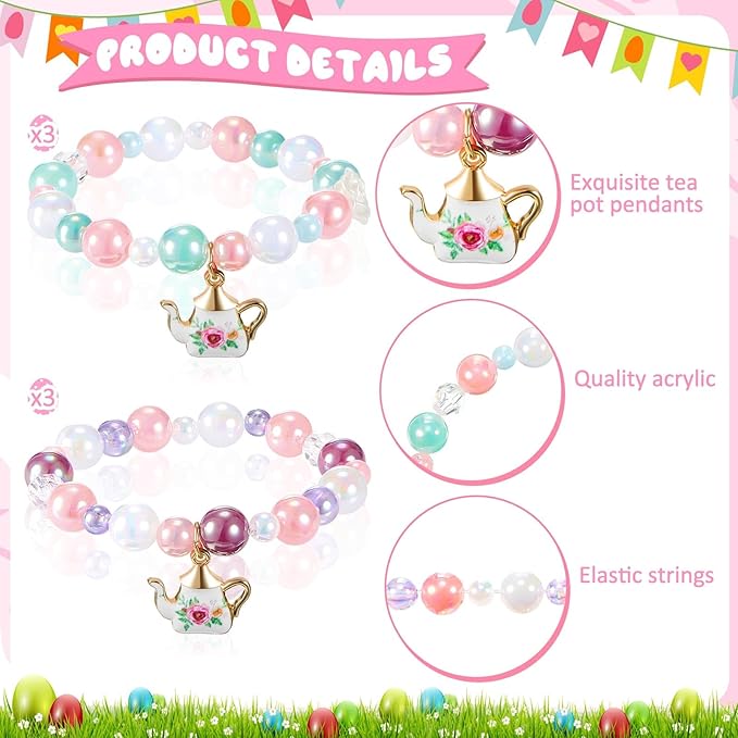 Ecally 6 Pcs Tea Party Favors Bracelet Bulk Mini Flower Tea Pot Beaded Bracelet Gift Party Supplies Pot Pendant Accessories Decorations for Kids Girl