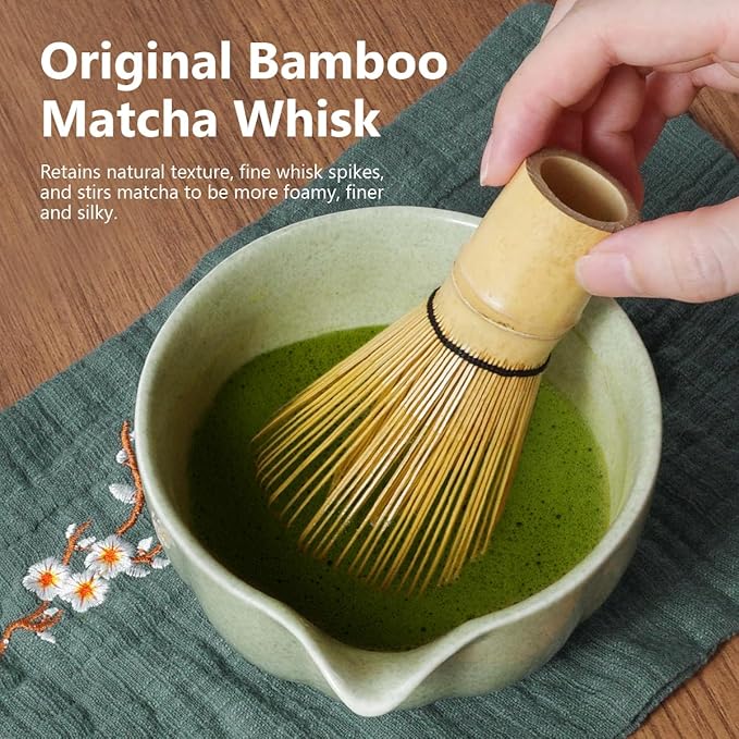 Matcha Whisk Set, 7 Pcs Japanese Matcha Kit Includes Matcha Bowl with Spout, Bamboo Whisk, Chasen Holder, Stainless Sifter, Scoop and Rest, Tea Towel, Matcha Tea Set Gift for Family/Friend