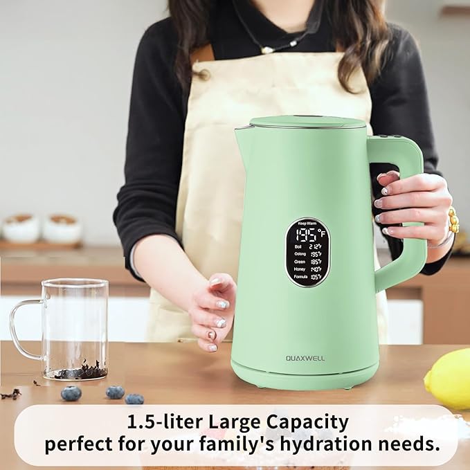 1.5L Electric Kettle Stainless Steel Double Wall Cold Touch Tea Kettle, Quick Boil, 5 Temperature Control, LED Display, Auto Shutoff, Warm Function, Green