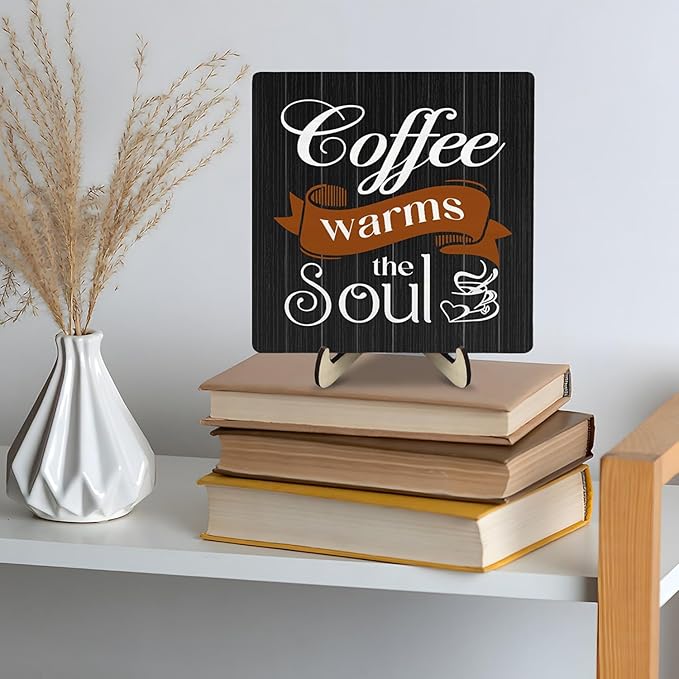 Coffee Bar Sign Plaque Decor,Coffee Bar Accessories,Rustic Wooden Tabletop Plaque with Stand, Minimalist Farmhouse Kitchen Counter Sign,Cute Mini Café Bar Decor Gift 5.9x5.9Inch