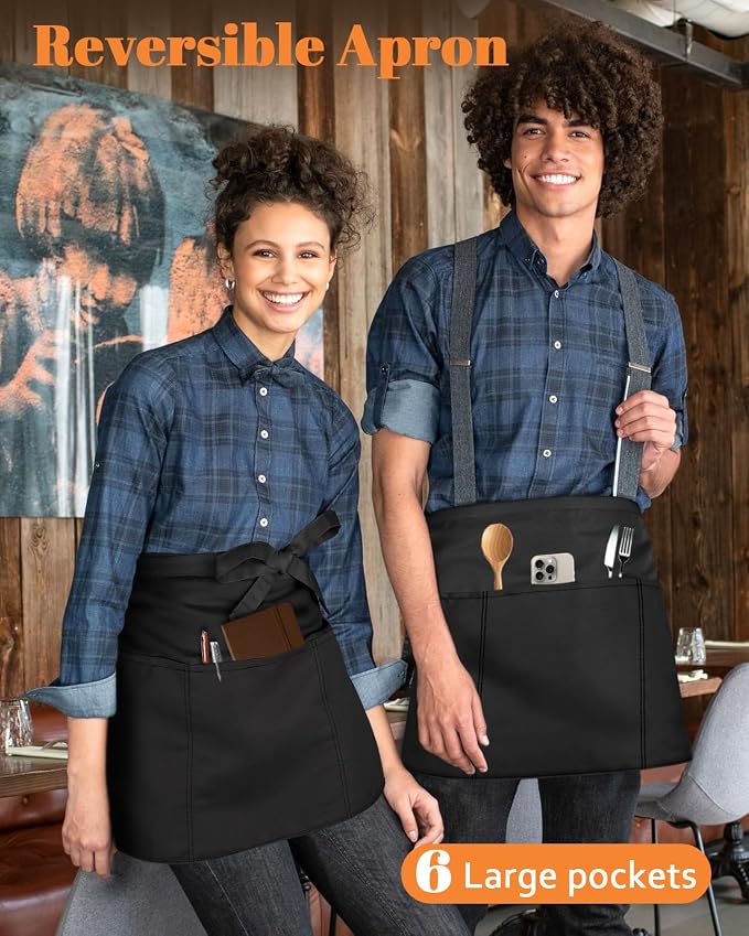 Slohif Reversible Server Apron 6 Pockets - Waist Apron for Waitress Women Half Serving Short Apron for Waiter - Image 3