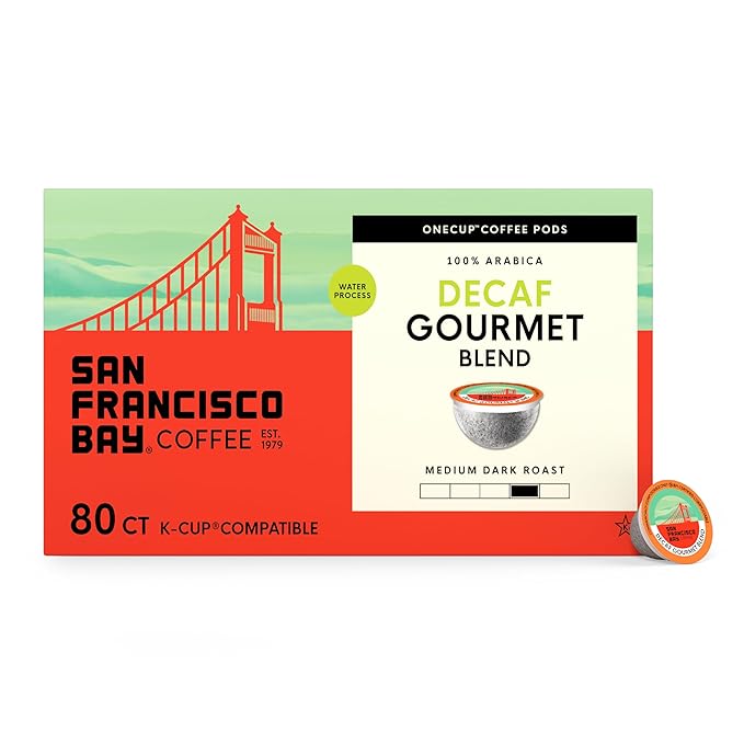 San Francisco Bay Coffee - Decaf Medium-Dark Roast - Decaf Gourmet Blend (80 ct) - Single Serve Coffee Pods, Swiss Water Processed, Commercially Compostable, K Cup Compatible