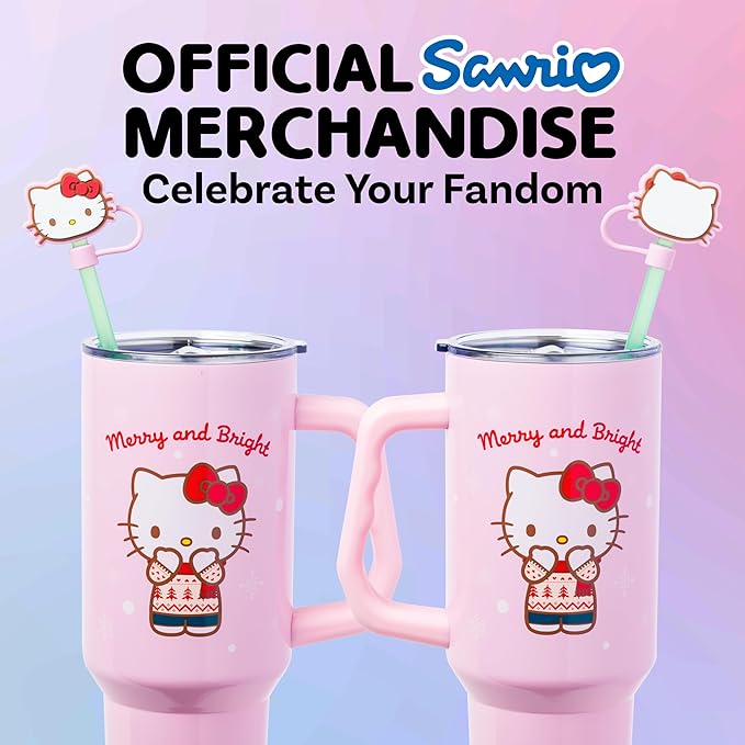 Silver Buffalo Sanrio Hello Kitty Christmas Holiday Sweater Merry and Bright Double Walled Stainless Steel Tumbler with Handle, Straw, and Straw Cap, Fits in Standard Cup Holder, 40 Ounces