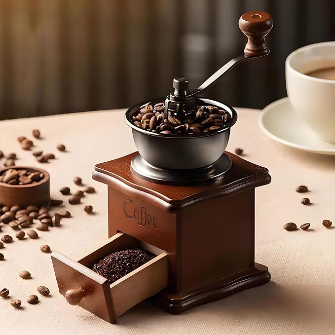 Portable Manual Coffee Grinder, Vintage Solid Wood Coffee Mill with Precision Adjustable Gear & Flavor-Preserving Ceramic Conical Burr, Hand Grinder for Home & Travel