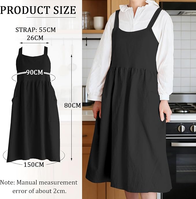 Cotton Linen Cross Back pinafore Apron Dress for Women with Pockets for Cooking Cleaning - Crossback Apron - Black - without Waist Ties - Image 4