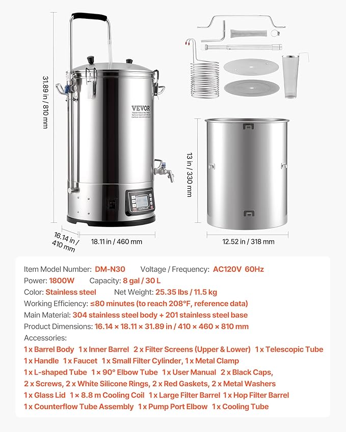 VEVOR Electric Brewing System, 9.2 Gal/35 L Brewing Pot, All-in-One Home Beer Brewer w/Pump, Mash Boil Device w/Panel, Auto/Manual Mode 100-1800W Power 25-100℃ Temp 1-180 min Timer Recipe Memory