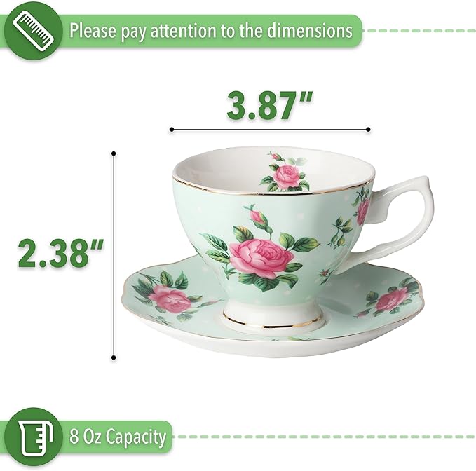 BTaT- Floral Tea Cups and Saucers, Set of 2, 8oz, Coffee Cups with Gold Trim, British Tea Cups