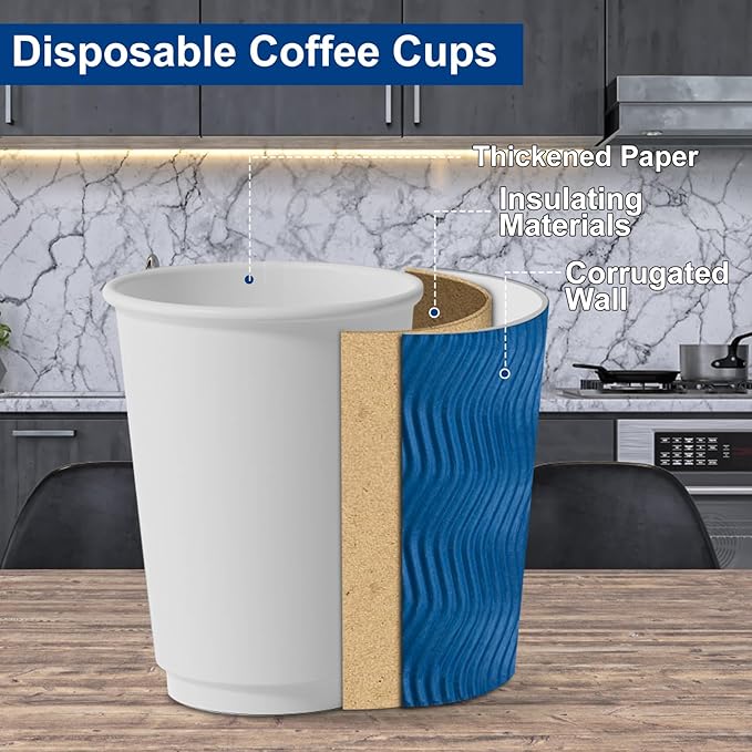 PARACITY Insulated Paper Disposable Coffee Cups, 16oz, 50 Pack with Lids, Ripple Double-Walled, for Beverages, Travel