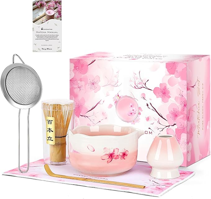7PCS Matcha Whisk Set, Sakura Cherry Bloosm Matcha Kit Gift for Women Birthdays Mom Girls Kids and Matcha Tea Lover, with Bamboo Whisk, Holder, Bowl, Scoop, Sifter, Towel, and Elegant box