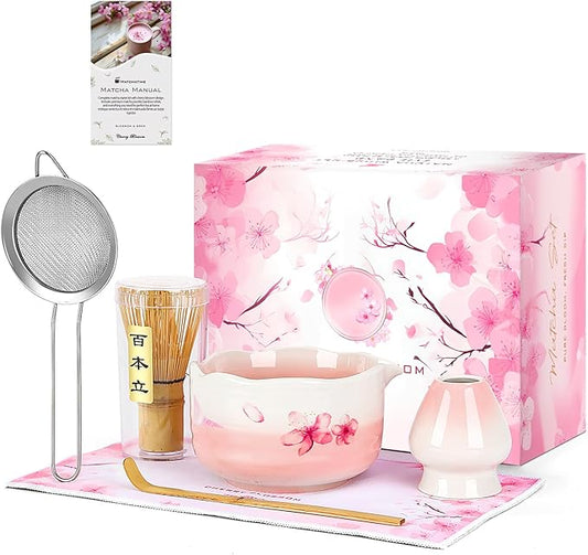 7PCS Matcha Whisk Set, Sakura Cherry Bloosm Matcha Kit Gift for Women Birthdays Mom Girls Kids and Matcha Tea Lover, with Bamboo Whisk, Holder, Bowl, Scoop, Sifter, Towel, and Elegant box