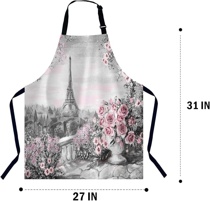 Gray and Pink Oil Painting for Paris Eiffel Tower Bib Apron with Adjustable Neck for Men Women,Suitable for Kitchen Cooking Chef Grill Bistro BBQ Apron - Image 2