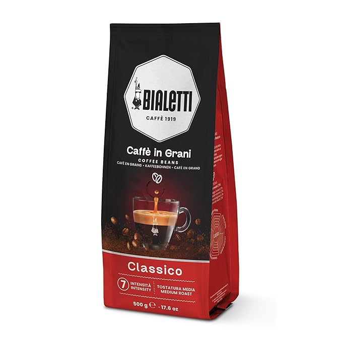 Bialetti Classico Coffee Beans, 500g Bag - Medium Roast Intensity 8, 50% Arabica 50% Robusta Whole Bean Blend - Sweet Floral & Dried Fruit Notes For Espresso, Cappuccino & Latte Machines & Moka Pots