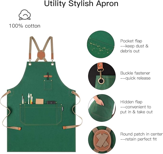 Chef Apron with Cross Back Straps for Men Women, Cotton Canvas Apron for Artists Painting, Kitchen Cooking - Image 3