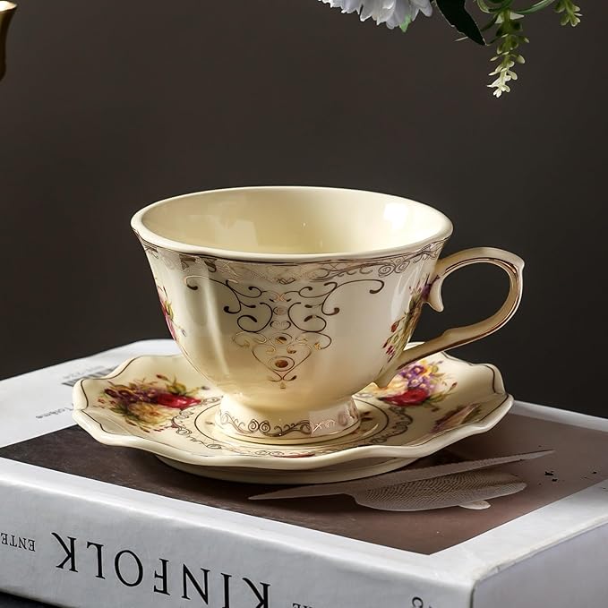 8 oz Vintage flower Ceramic cup and 6" saucer set with Brand customized stainless steel spoon Gifts for Afternoon Tea Coffee Hour (F)