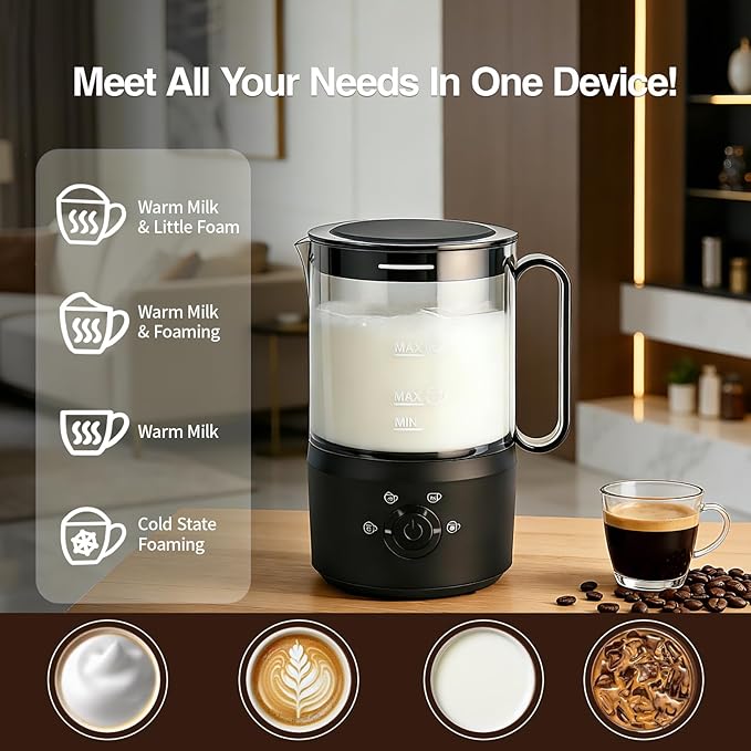 Milk Frother, 4-in-1 Electric Milk Steamer(10oz/300ml)，Automatic Hot and Cold Foam Maker for Iced Coffee, Lattes, Cappuccinos & Macchiatos, Non-Stick Interior, Black.