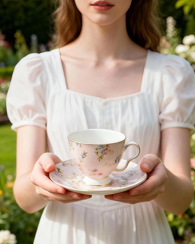Exquisite Bone China Tea Cups and Saucer Set – Elegant Porcelain Tea Cups, Beautifully Detailed for Tea Lovers, Gift-Ready for Christmas, Hostess, Holiday Gift & Fall Decor