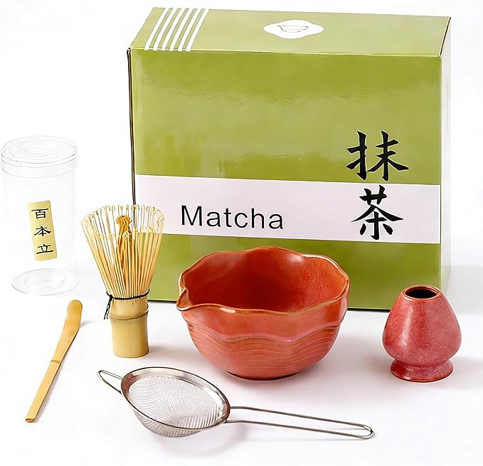 Matcha Bowl Set with Bamboo Whisk, Sifter & Scoop - Complete Ceramic Japanese Tea Ceremony Kit for Traditional Matcha Preparation (reddish brown (with a textured finish))