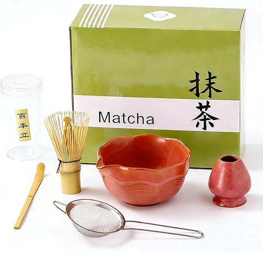 Matcha Bowl Set with Bamboo Whisk, Sifter & Scoop - Complete Ceramic Japanese Tea Ceremony Kit for Traditional Matcha Preparation (reddish brown (with a textured finish))