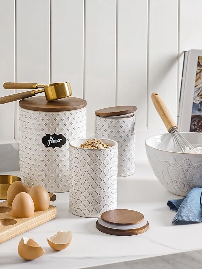 LE TAUCI Ceramic Kitchen Canister Set with Airtight Lids, Food Storage Containers for Flour, Sugar, Coffee - Large Embossed Jars for Pantry Storage & Countertop Decor - Set of 2 (78/25 oz), Firework