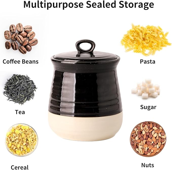 HASENSE Ceramic Food Storage Jar with Airtight Lid, Coffee Cookie Containers for Kitchen Counter, 30 FL OZ Kitchen Canisters for Coffee Beans, Tea, Sugar, Candy, Black Kitchen Decor