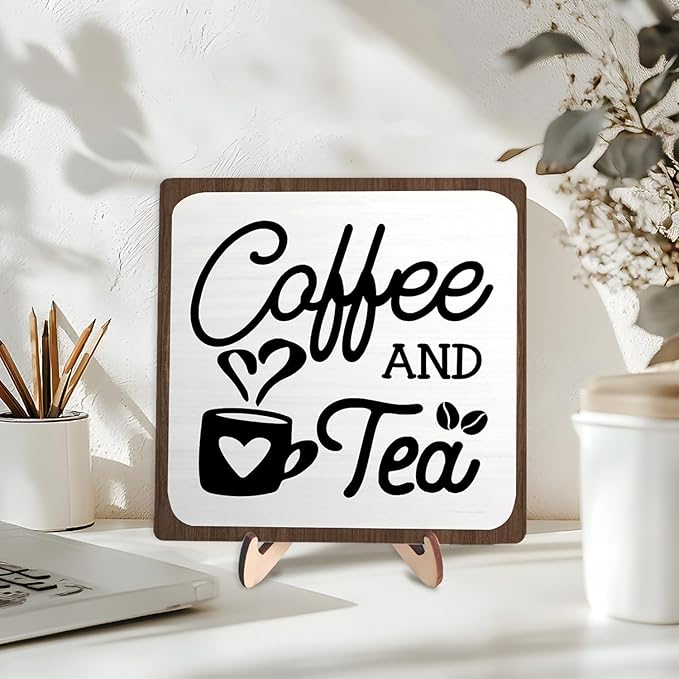Coffee Bar Sign Plaque, Coffee Signs for Coffee Station, Vintage Coffee Sign Decor for Kitchen, Coffee Bar Accessories, Coffee Themed Gifts, Farmhouse Cafe Sign,Coffee & Tea Bar Decor Signs (White&Brown, 5.9x5.9inches)