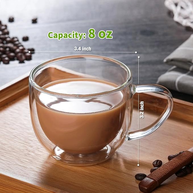 Double Walled Glass Coffee Mugs Set of 2, 8 oz Hand Blown Insulated mugs with Handle, Clear Coffee Mugs for Cappuccino, Latte, Espresso, Americano, Tea Bag, Beverage Glasses Heat Resistant Coffee Cups
