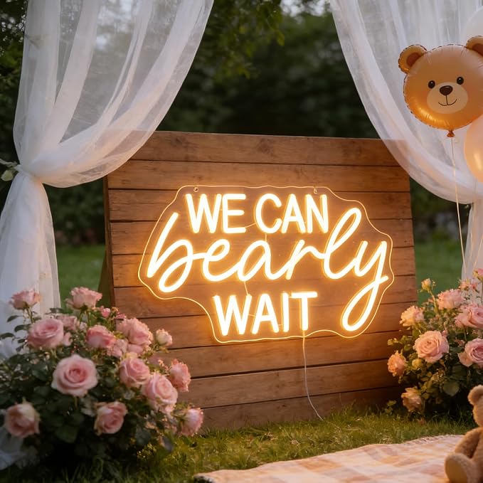 "We Can Bearly Wait" Neon Signs Led Gender Reveal Party Decorations Neon Letters Signs Pregnancy Announcement Party Supplies Baby Shower Yard Signs(warm white) - Image 2
