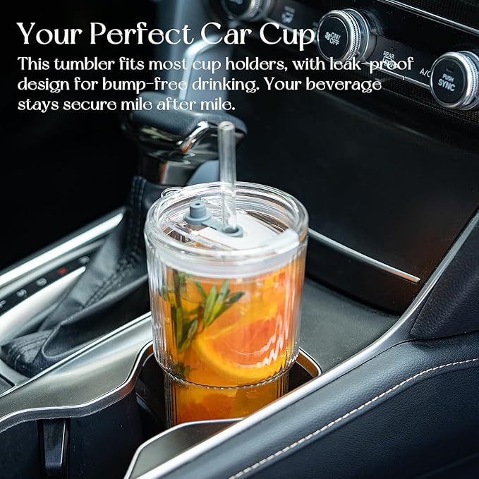 KEMORELA 2PCS 20oz Double Wall Ribbed Glass Cups with Lids and Straws, Insulated Borosilicate Glass Tumblers, Heat-Resistant, leak-proof Design for Iced Coffee, Bubble Tea, Juice, Dishwasher Safe