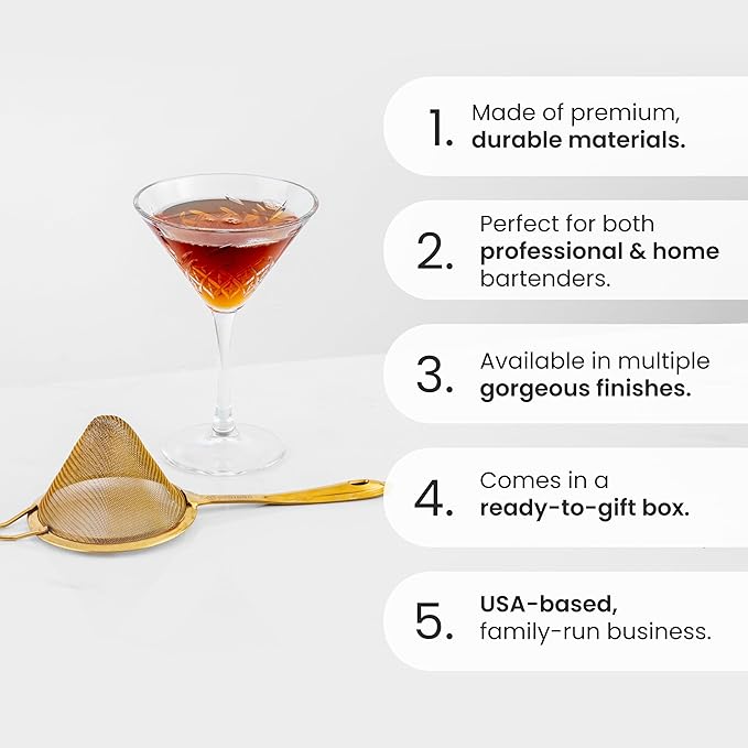 A Bar Above Gold Fine Mesh Cocktail Strainer, 304 Stainless Steel Conical Sieve, Elegant Bartender Tool with Ergonomic Handle for Tea, Coffee, Mixology, Culinary Use, and Double-Straining