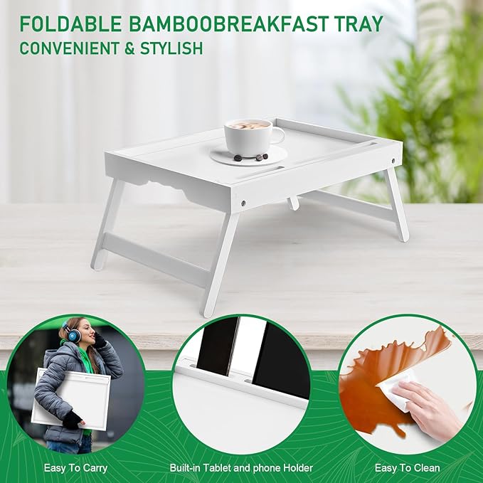 Artmeer Bed Tray Table with Folding Legs, Bamboo Breakfast Food Tray with Media Slot, Use As Platter, Laptop Desk, Snack, TV Tray Kitchen Serving Tray (White Large)