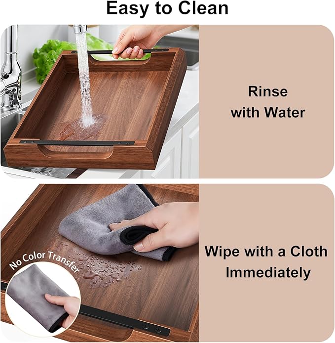Set of 2 Acacia Wooden Ottoman Tray for Living Room, Wood Serving Tray with Handles, Decorative Coffee Table Trays for Ottoman, Large Serving Platter for Dinner, Breakfast in Bed, Kitchen Counter Top